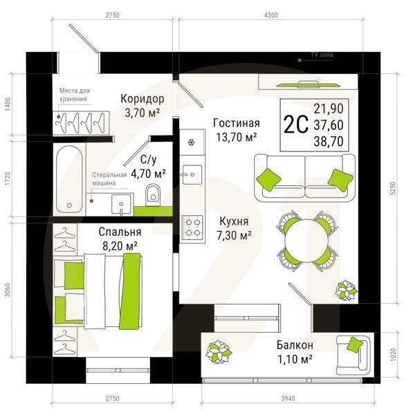 2-комн, 38.7 м², 12-15 этаж