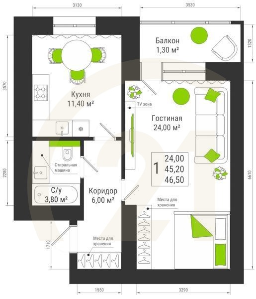 1-комн, 46.5 м², 15 этаж