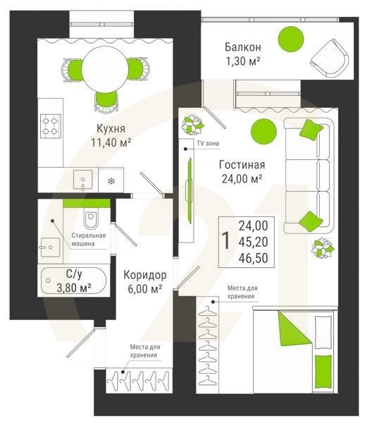 1-комн, 46.5 м², 15 этаж