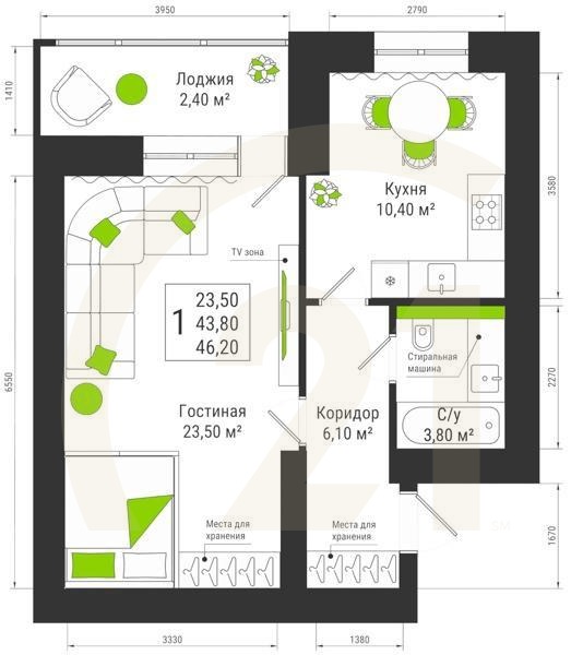 1-комн, 46.2 м², 6 этаж
