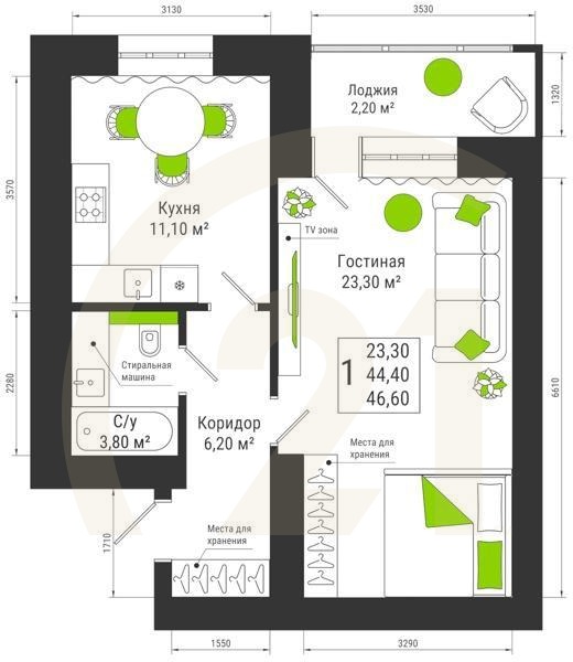 1-комн, 46.6 м², 6-15 этаж