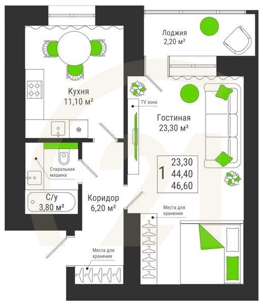 1-комн, 46.6 м², 6-15 этаж