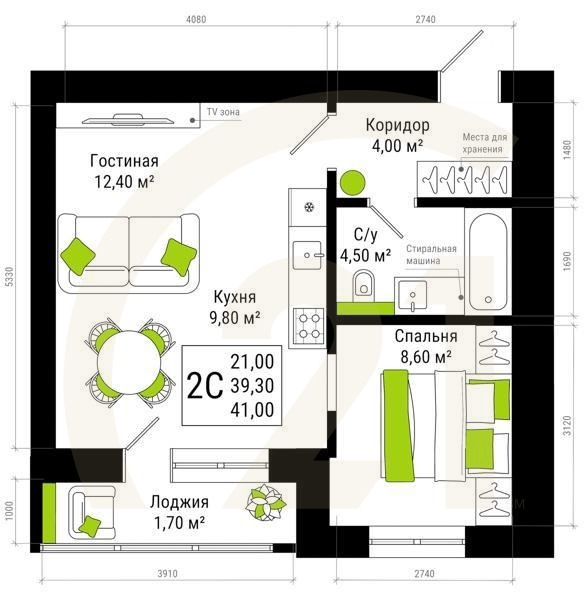 2-комн, 41 м², 15 этаж
