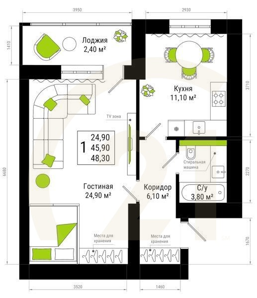 1-комн, 48.3 м², 15 этаж