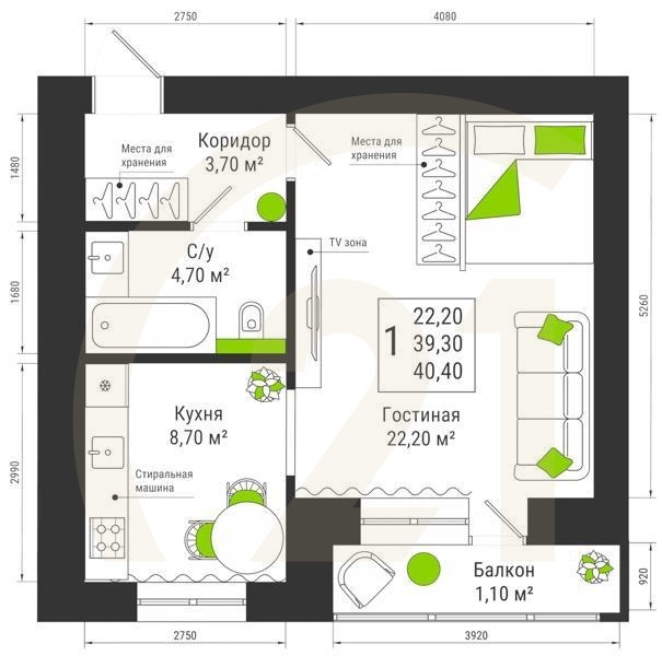 1-комн, 40.4 м², 15 этаж