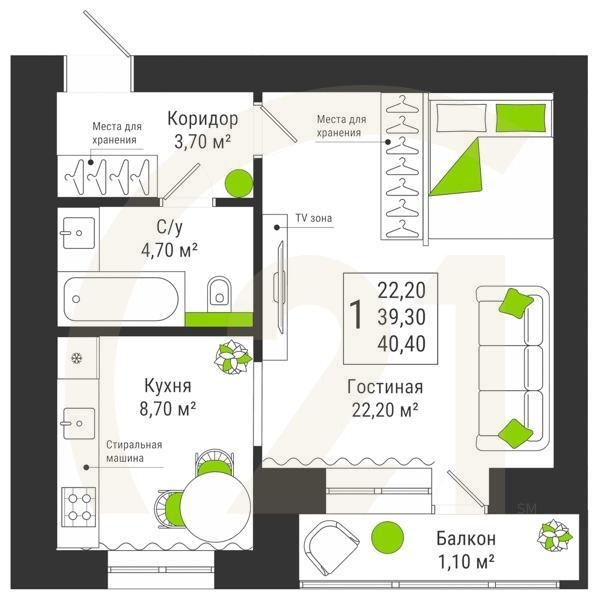1-комн, 40.4 м², 15 этаж