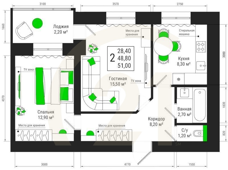 2-комн, 51 м², 7-15 этаж