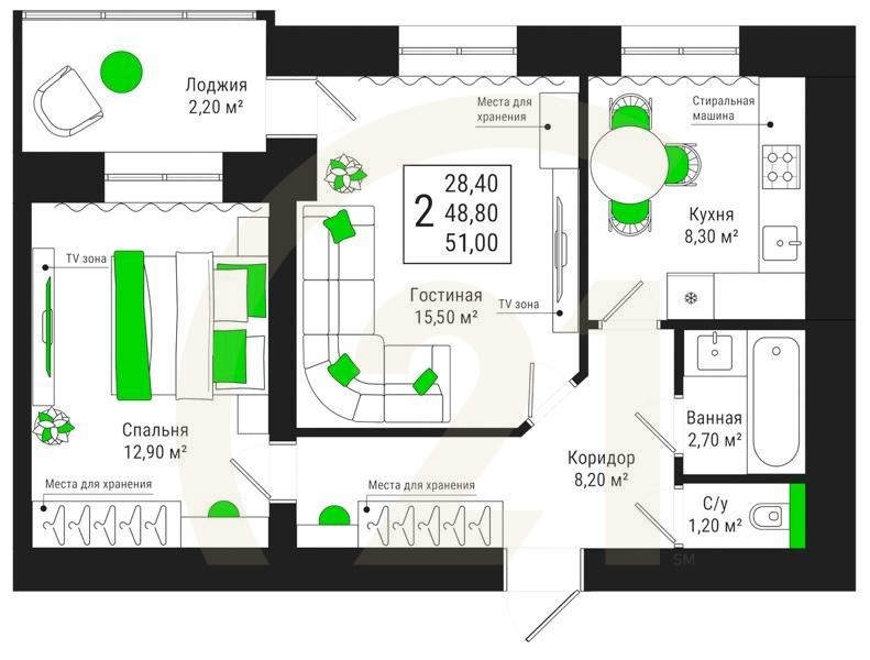 2-комн, 51 м², 7-15 этаж