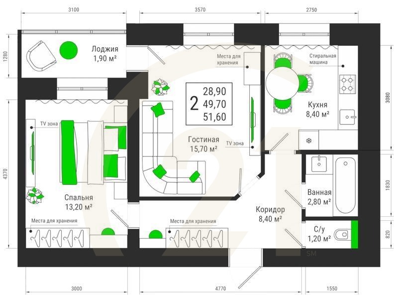 2-комн, 51.6 м², 15 этаж