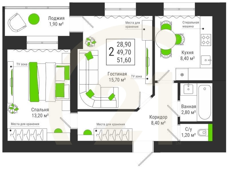 2-комн, 51.6 м², 15 этаж