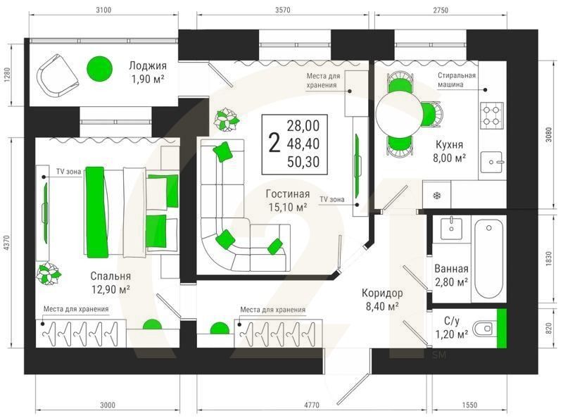2-комн, 50.3 м², 6-13 этаж