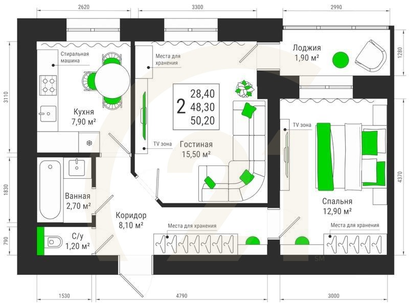 2-комн, 50.2 м², 6-13 этаж