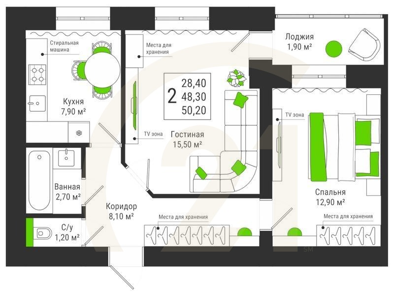 2-комн, 50.2 м², 6-13 этаж