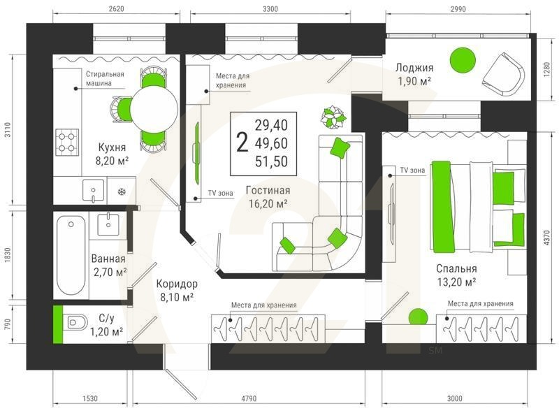 2-комн, 51.5 м², 15 этаж