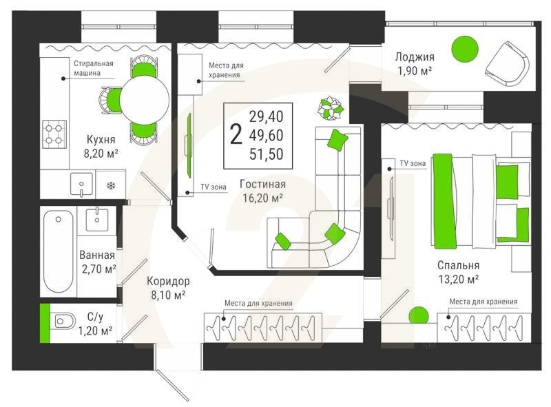 2-комн, 51.5 м², 15 этаж