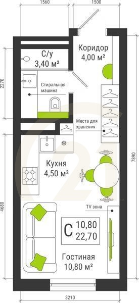 Студия, 22.7 м², 2-9 этаж