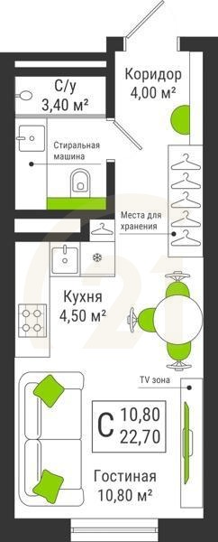 Студия, 22.7 м², 2-9 этаж