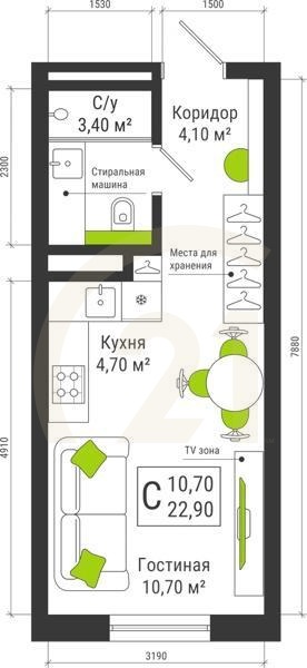 Студия, 22.9 м², 2-10 этаж