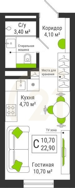 Студия, 22.9 м², 2-10 этаж