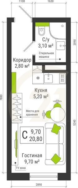 Студия, 20.8 м², 2-10 этаж