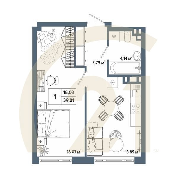1-комн, 39.91 м², 7-9 этаж