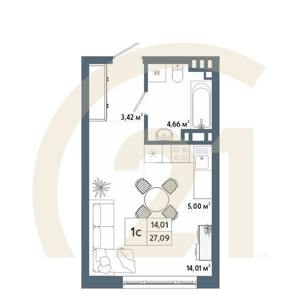 1-комн, 27.55 м², 4 этаж