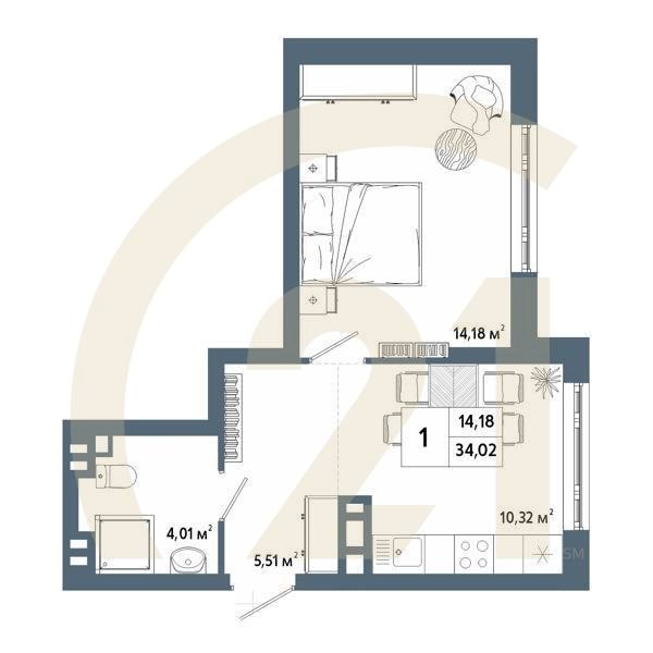 1-комн, 34.18 м², 5-6 этаж