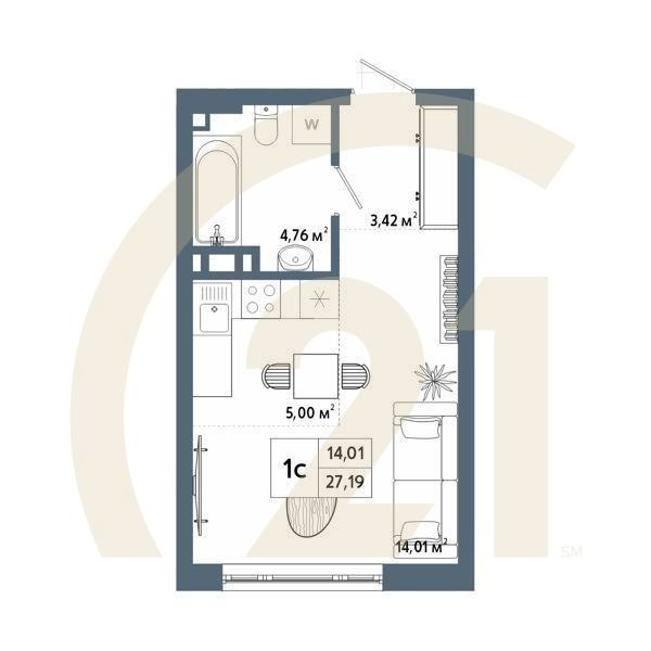 1-комн, 27.45 м², 5-6 этаж