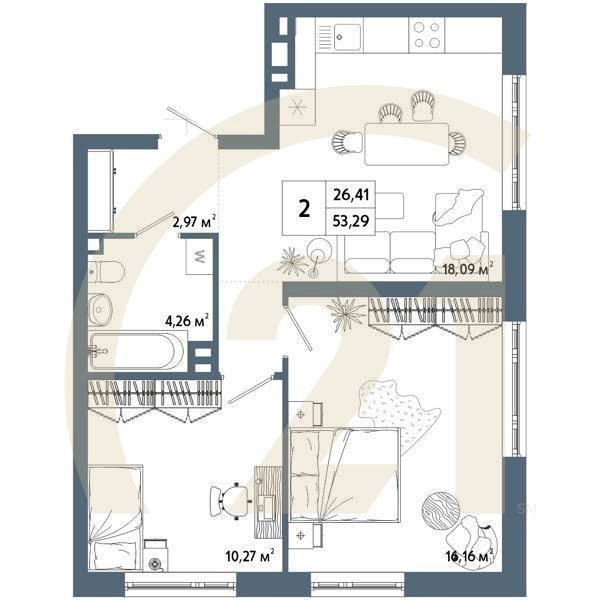 2-комн, 53.33 м², 10-13 этаж