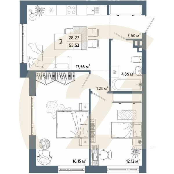 2-комн, 55.57 м², 5-6 этаж