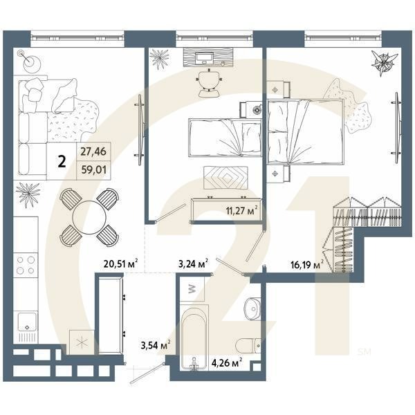 2-комн, 59.32 м², 5-6 этаж