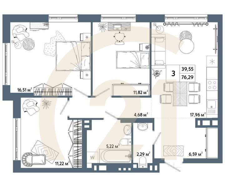 3-комн, 76.5 м², 7-9 этаж