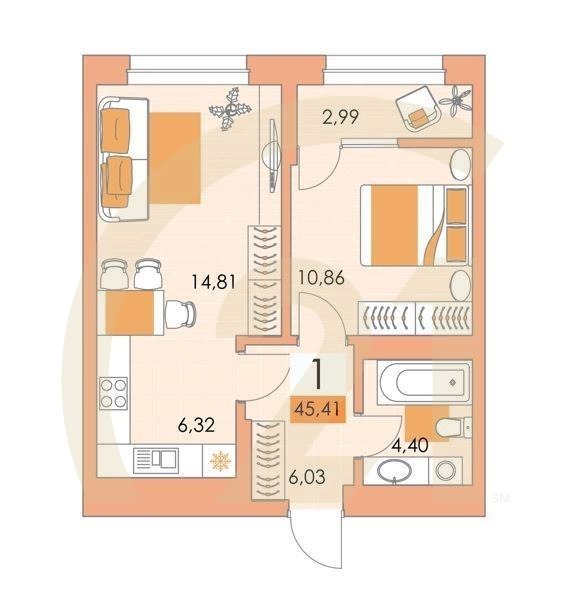 1-комн, 44.8 м², 22 этаж