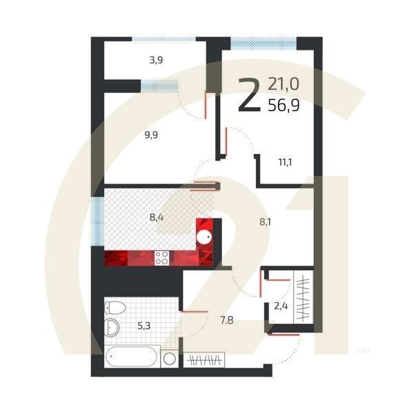 1-комн, 57.6 м², 7 этаж