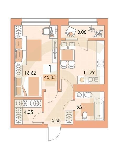 1-комн, 45.1 м², 17 этаж