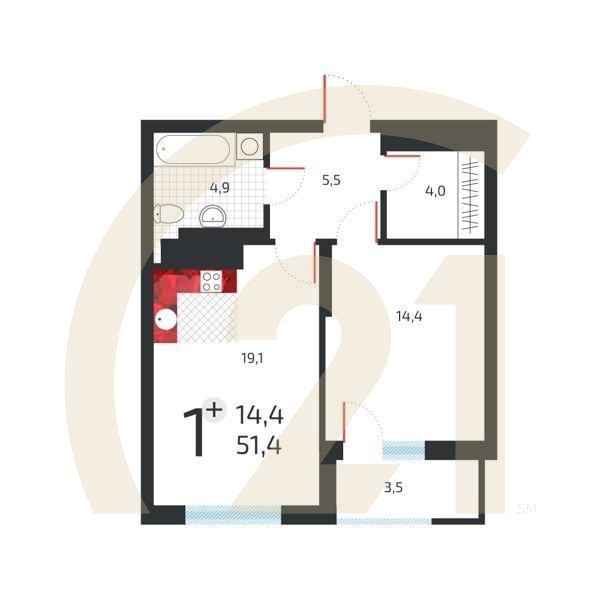 1-комн, 51.2 м², 22 этаж