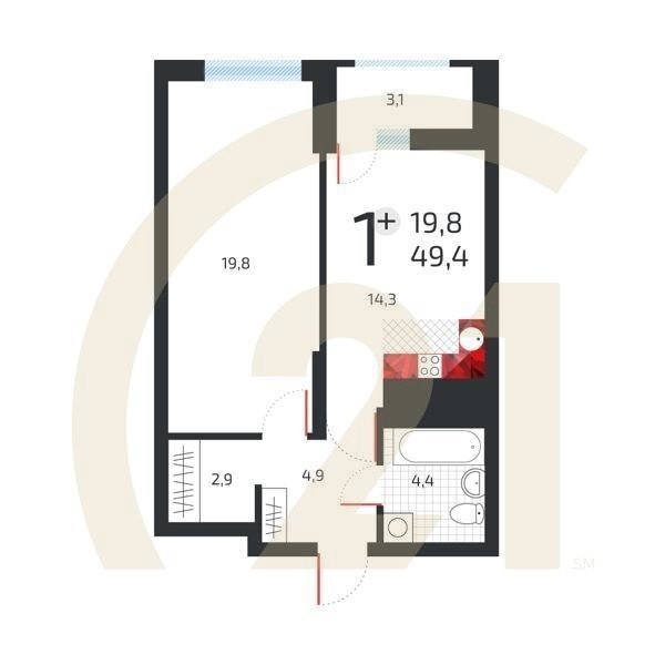 1-комн, 50.1 м², 23 этаж
