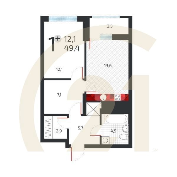 1-комн, 49.1 м², 23 этаж