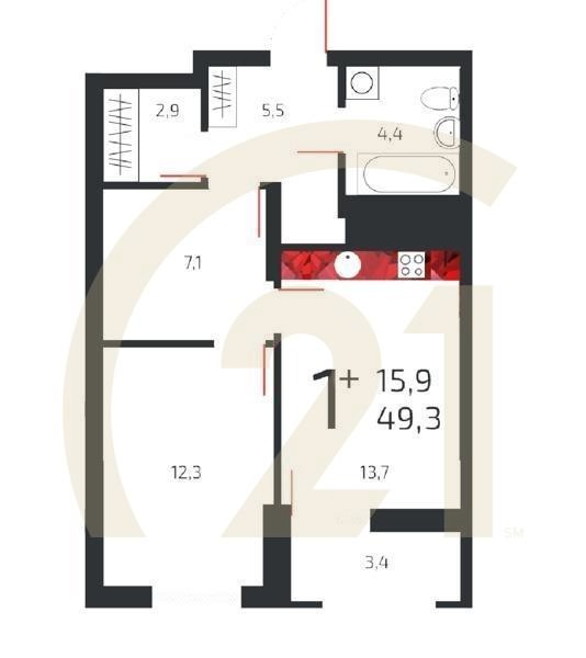 1-комн, 49.4 м², 20 этаж