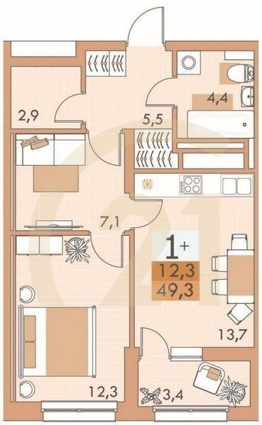 1-комн, 49.4 м², 20 этаж