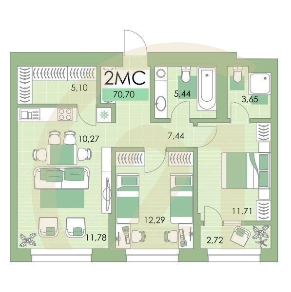 2-комн, 69.5 м², 23 этаж