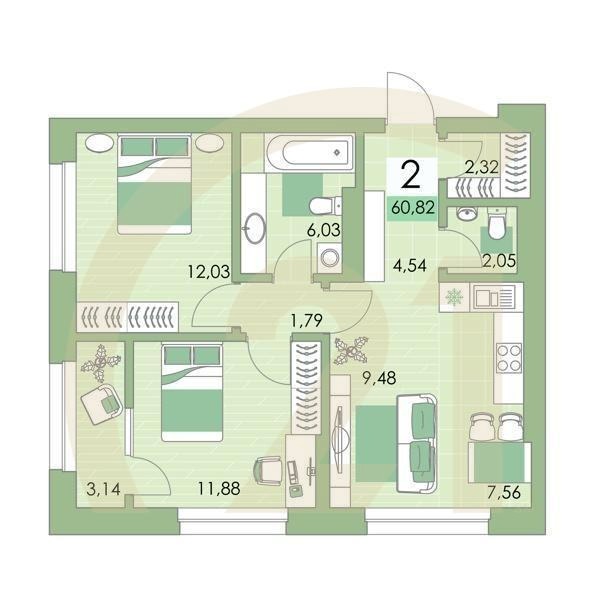 2-комн, 60.6 м², 14 этаж