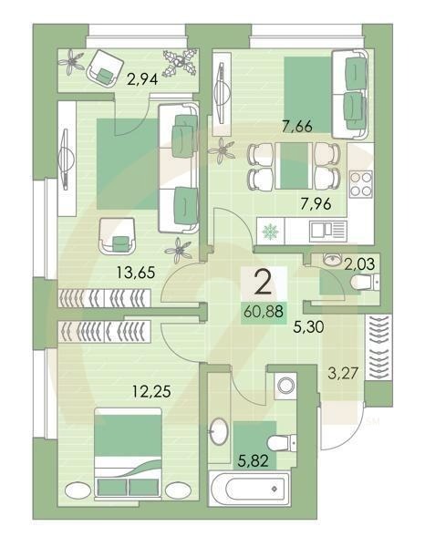 2-комн, 60.2 м², 15-17 этаж