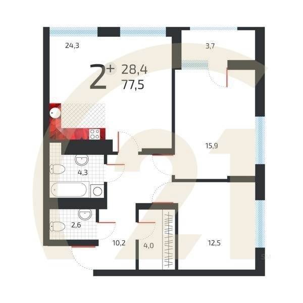 2-комн, 77.3 м², 22 этаж