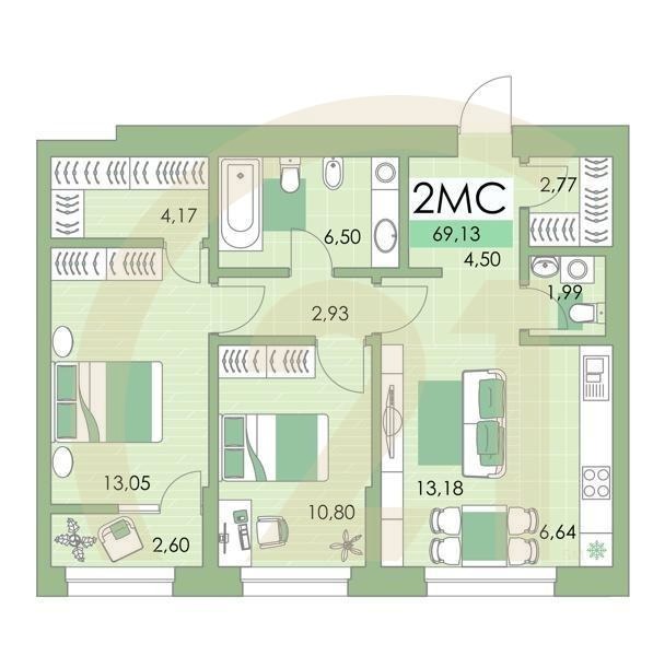 2-комн, 69.1 м², 23 этаж