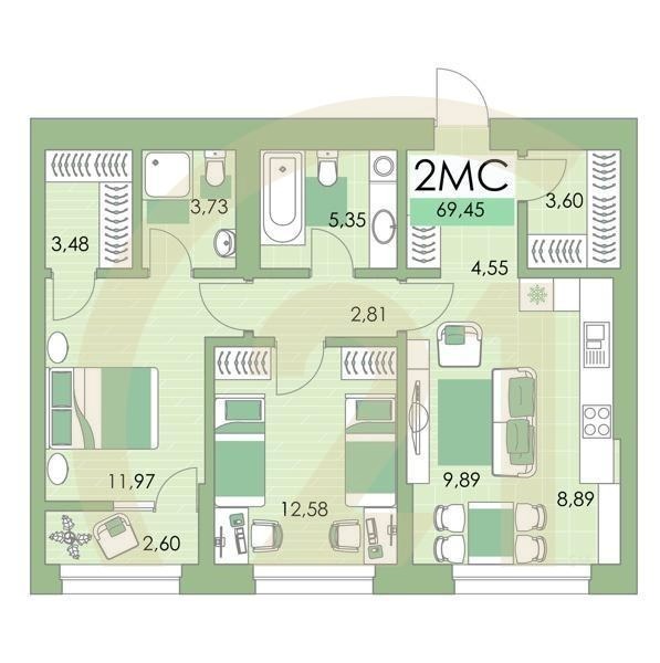 2-комн, 69.3 м², 3 этаж