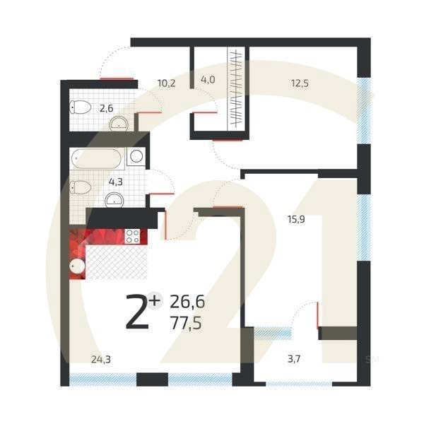 2-комн, 76.5 м², 10 этаж