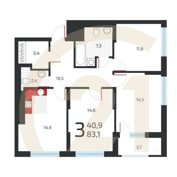 3-комн, 82.7 м², 22 этаж