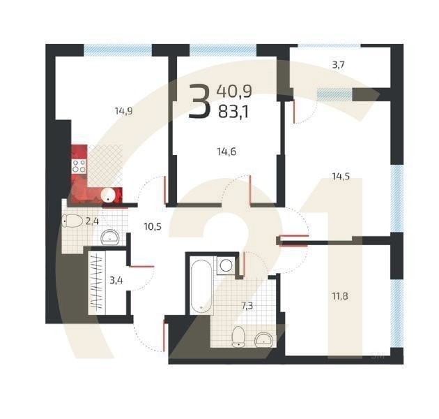 3-комн, 82.8 м², 10 этаж