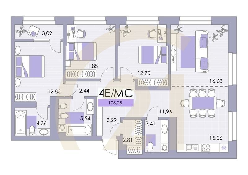 4-комн, 104.8 м², 14 этаж